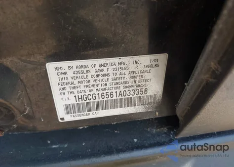 2001 Honda Accord 3.0 Ex z USA, uszkodzony, nr VIN 1HGCG16561A033356